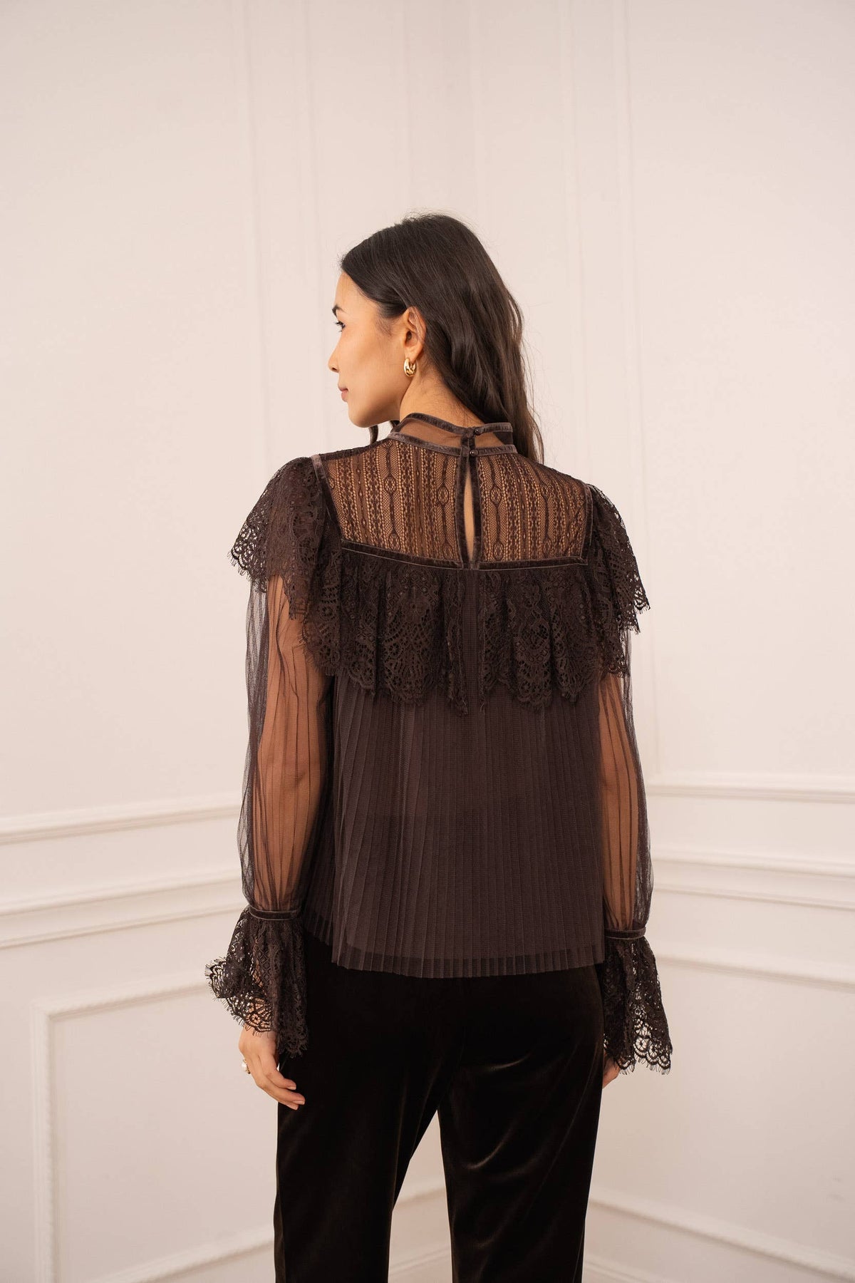 Blouse Augustine dentelle tulle plissé chocolat femme vue dos