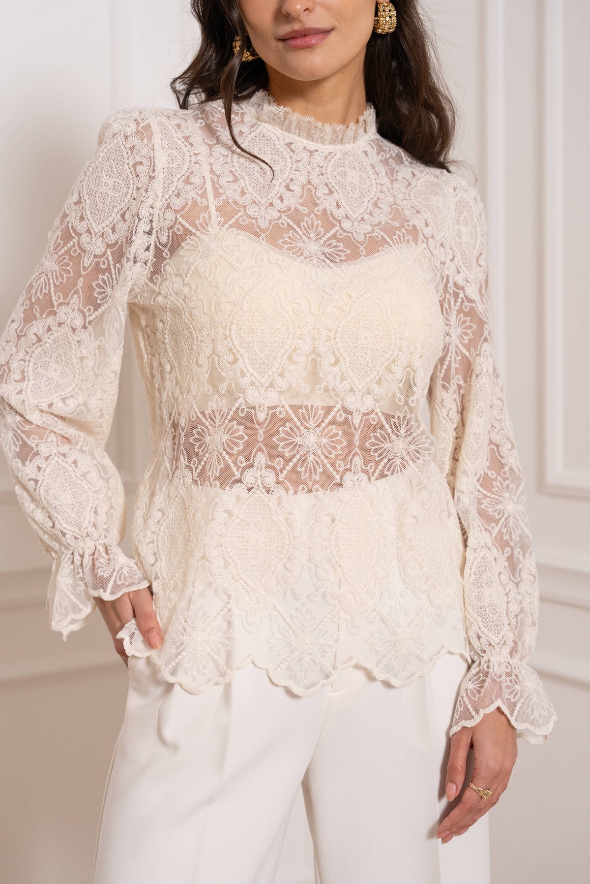 Blouse Faustine dentelle écru femme détail col montant