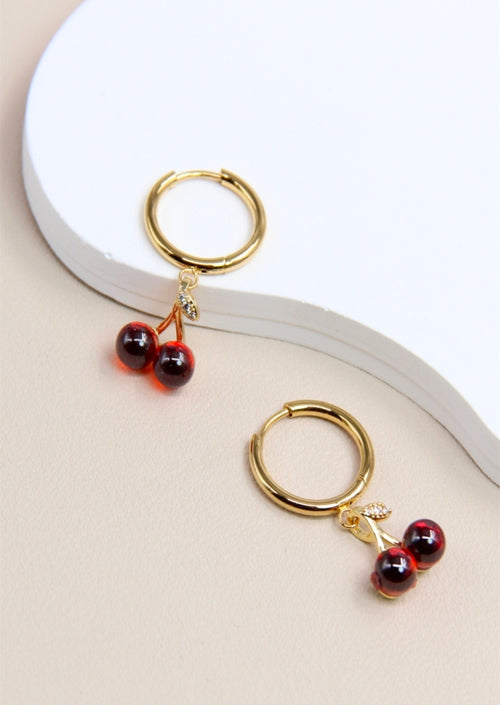 Boucles d'oreilles Cerise dorée femme pendentif cerise rouge