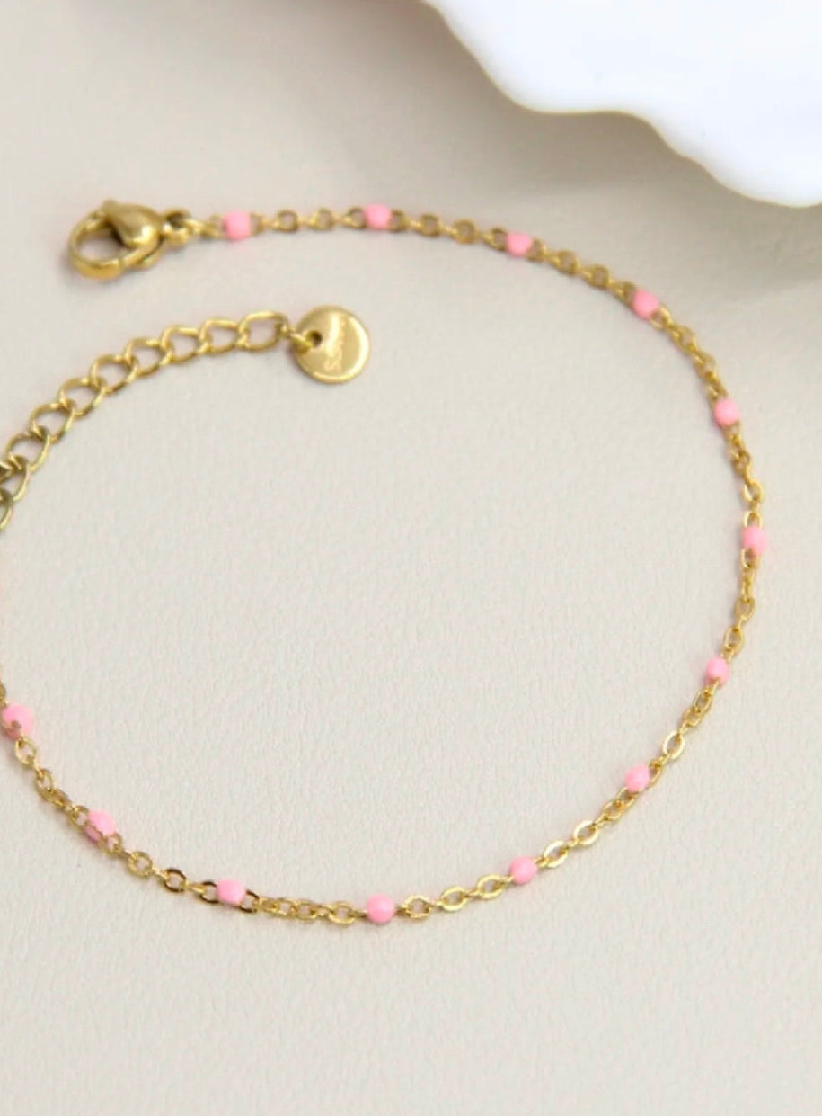 Bracelet Linea maille fine perles émaillées roses doré femme