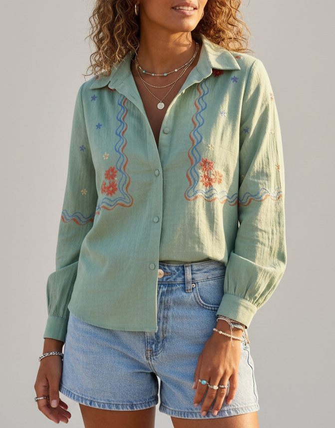 Chemise verte brodée bohème femme Suzanne
