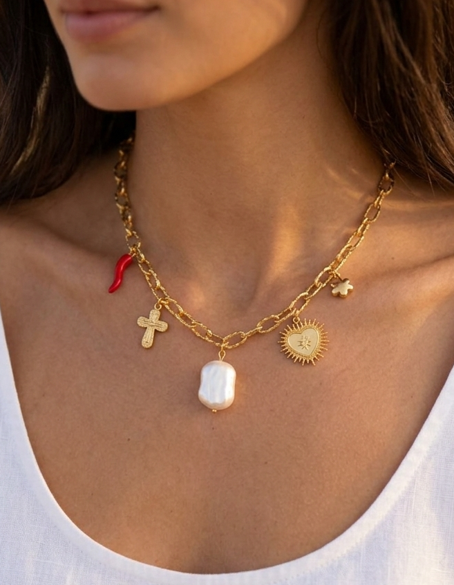 Collier Charms Bohème en acier inoxydable porté