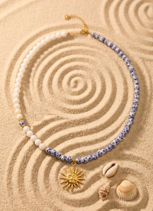 Collier soleil azur perles bleues femme