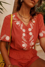 Combi-short rouge terracotta femme Sabia détail broderies