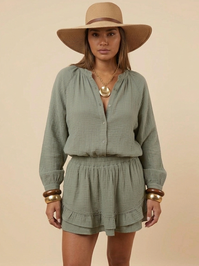 Ensemble kaki chemise et jupe short femme Lea