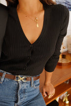 Gilet côtelé noir col V femme Alva détail