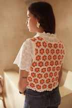 Gilet crocheté floral rouge ocre femme Milae vue dos