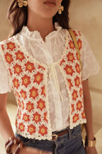 Gilet crocheté floral rouge ocre femme Milae