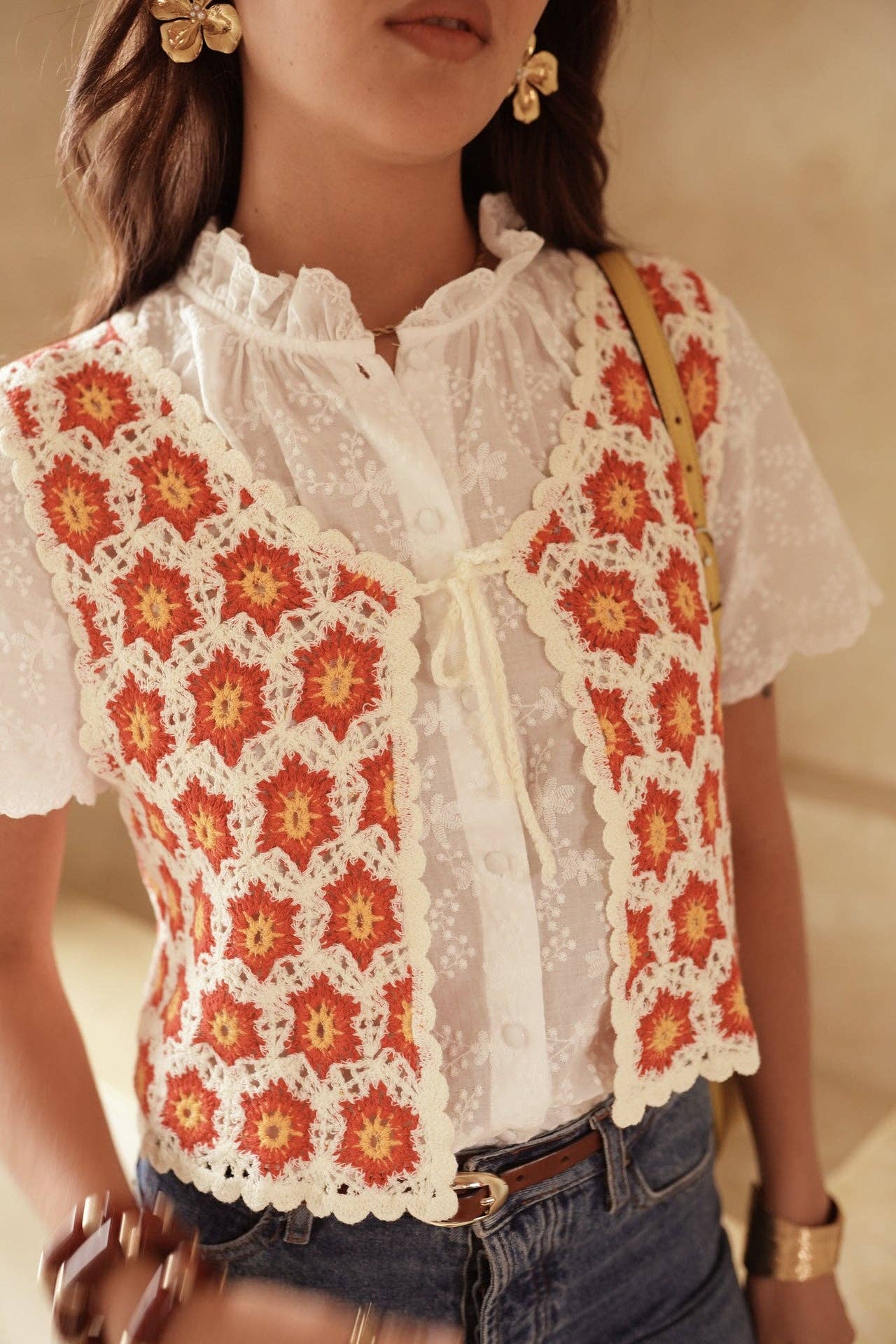 Gilet crocheté floral rouge ocre femme Milae