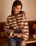 Gilet rayé beige et marron en maille duveteuse