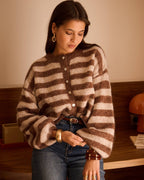 Gilet rayé beige et marron en maille duveteuse