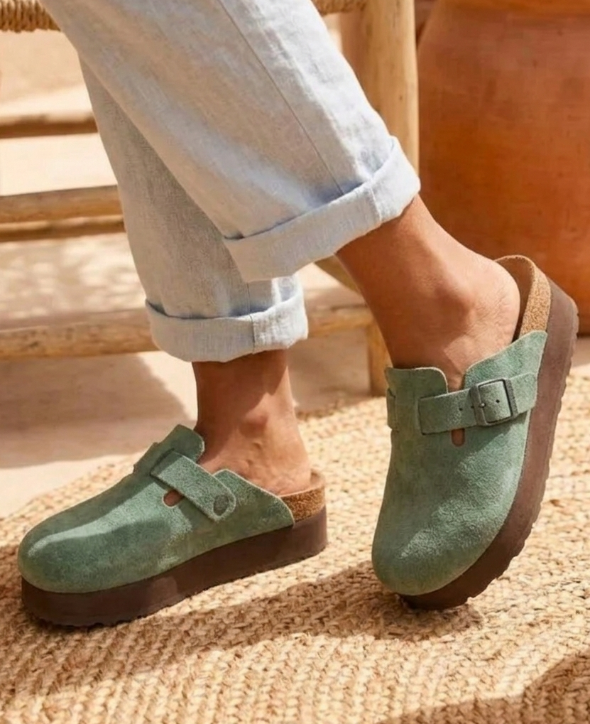 Mules compensées kaki en croûte de cuir femme Benito portées