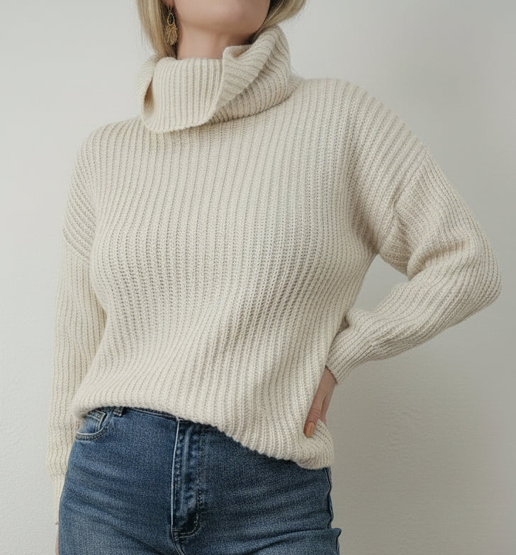 Pull beige maxi-col roulé femme Lou