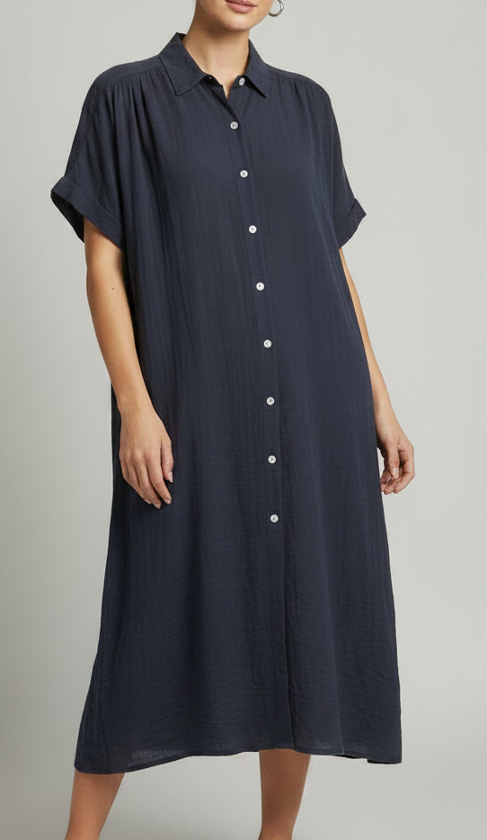 Robe longue chemise noir coton femme Astrid
