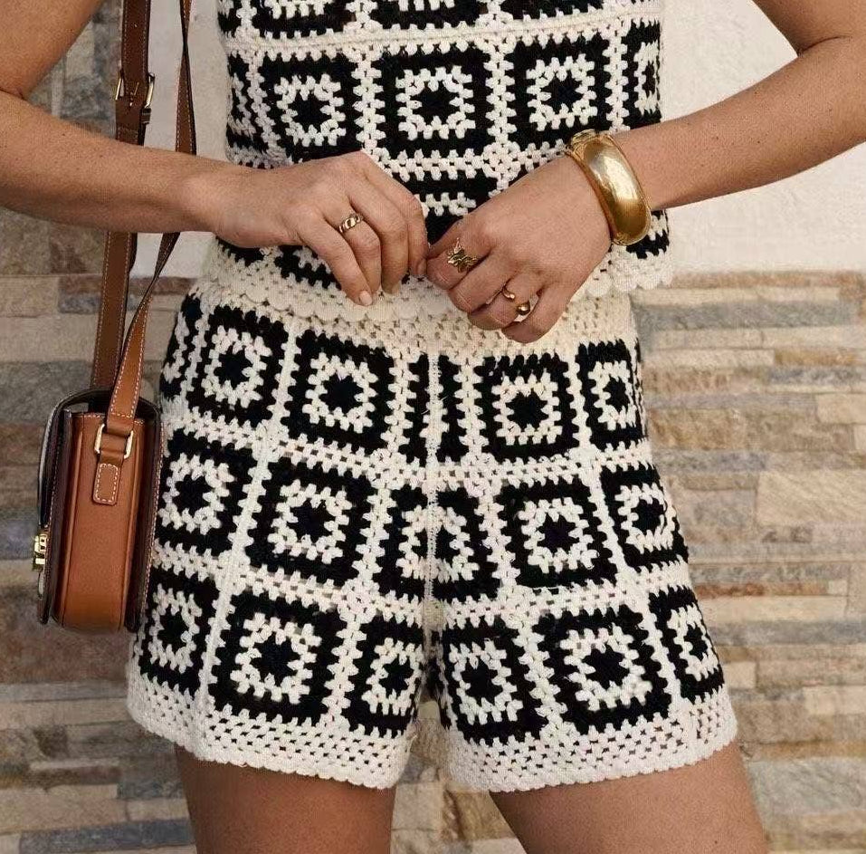Short noir en crochet à motifs géométriques femme Solen