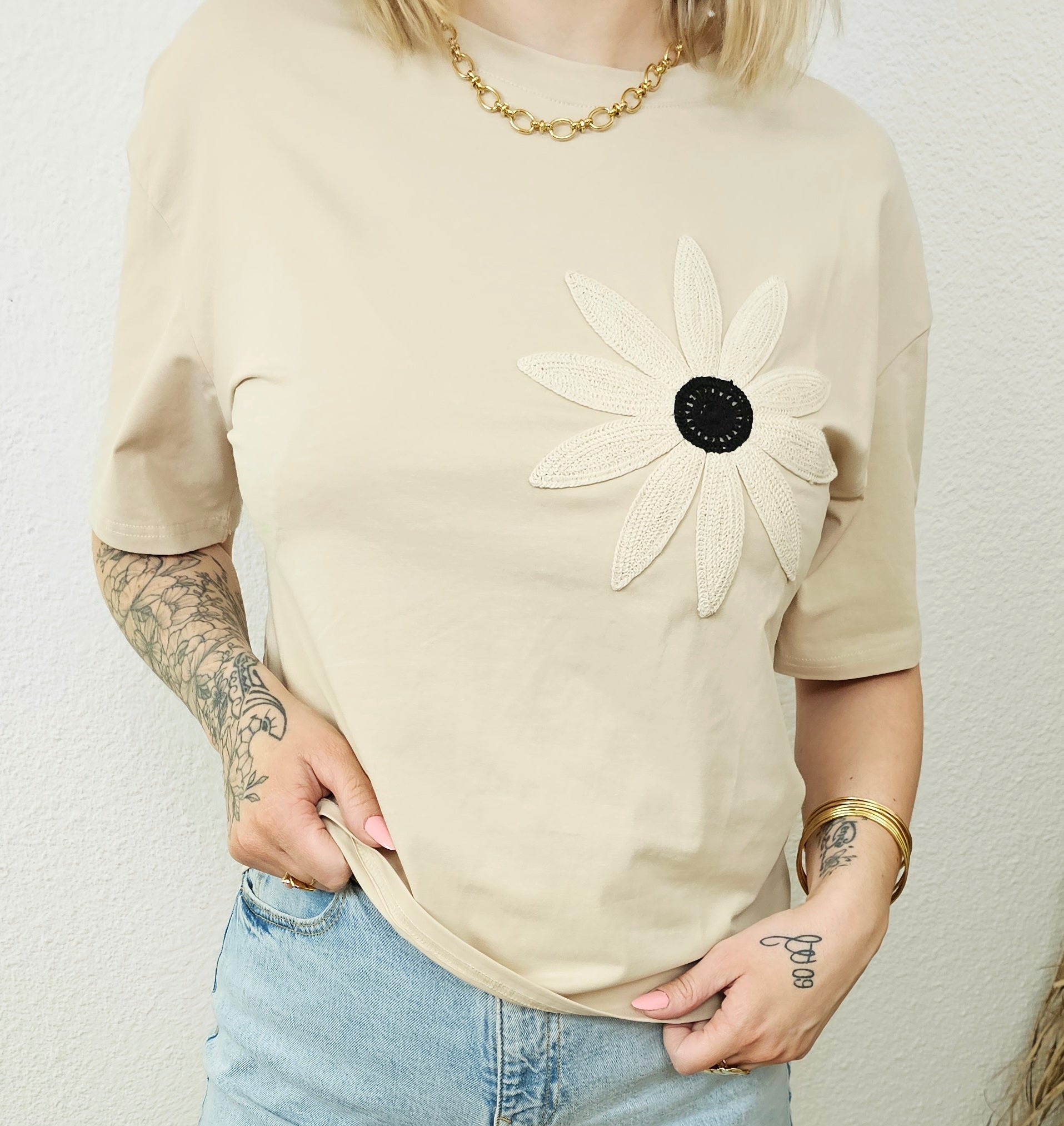 T-shirt beige fleur brodée femme Tiana