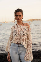 Top crochet ajouré beige motif vagues femme Niela détail crochet